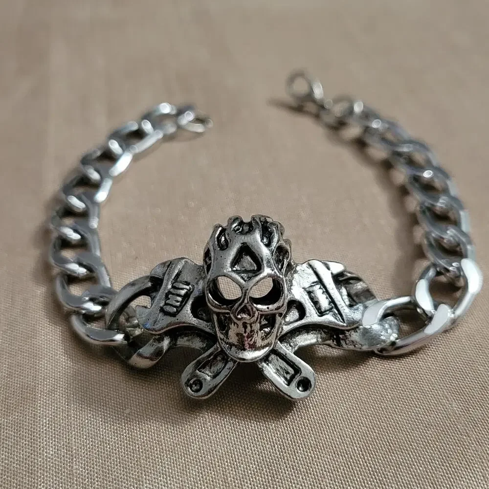 Silver & black skull and cross chunky gothic biker bracelet